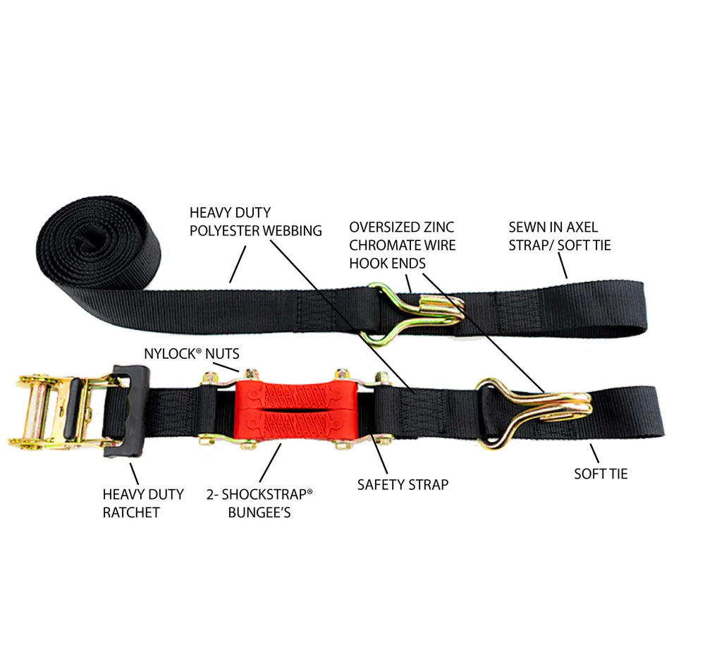 18FT X 2IN SHOCKSTRAP RATCHET STRAP, WIRE HOOKS, PREMIUM POLYESTER WEBBING, 6K BREAK STRENGTH, 2K WORKING LOAD LIMIT