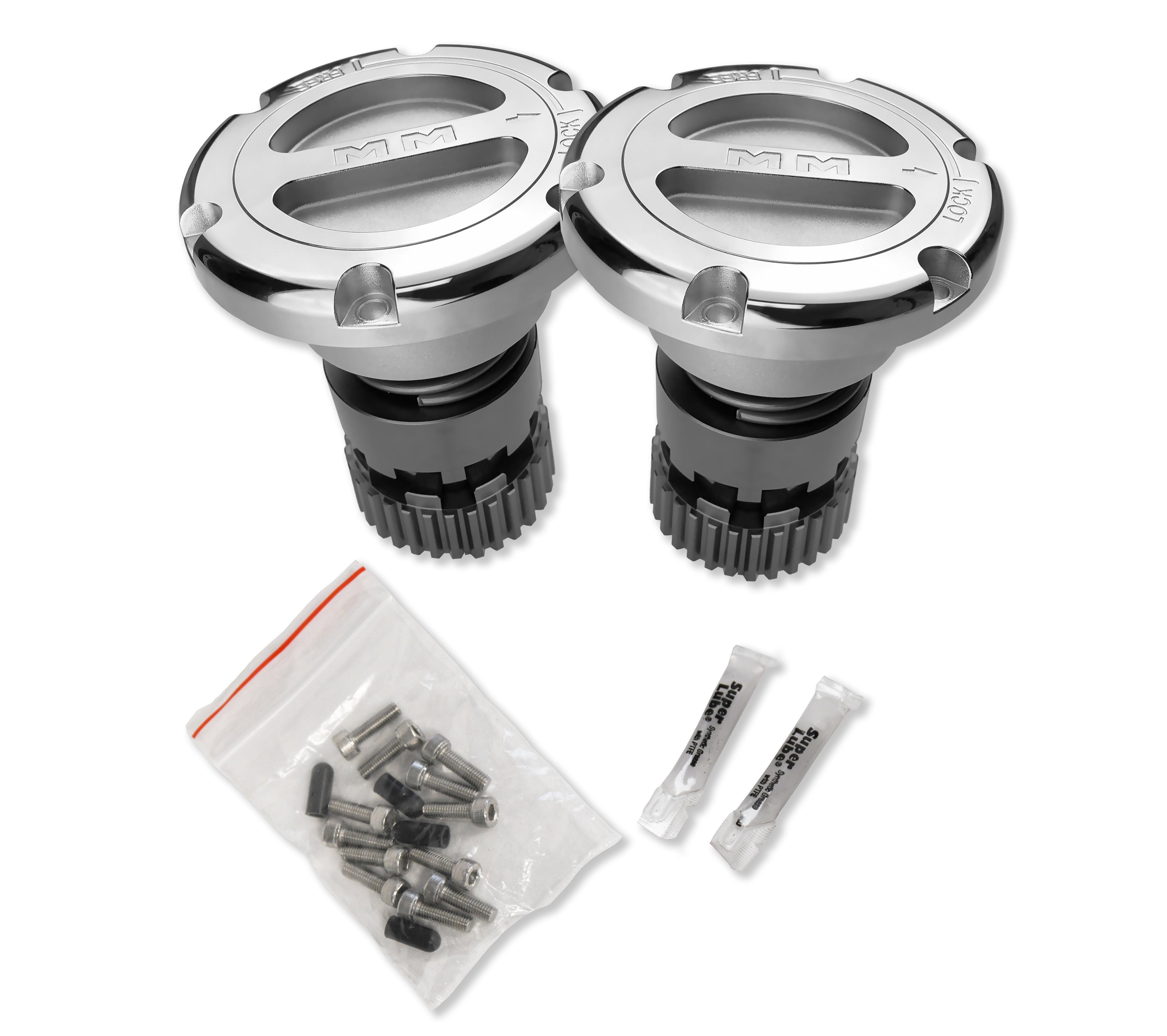 Image of pair of Mile Marker 549 hub in silver and included hardware
