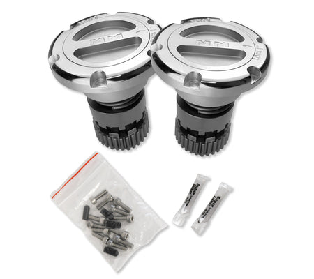 Image of pair of Mile Marker 549 hub in silver and included hardware