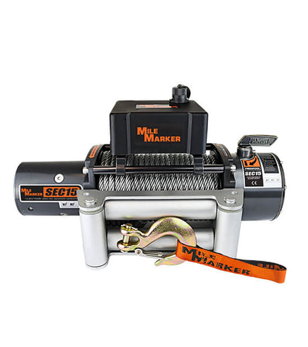 Image of the Mile Marker SEC15 15 000 lb winch with steel cable
