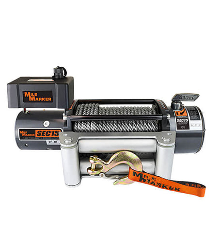 Image of the side-mounted Mile Marker SEC15 15000lb. winch with steel cable