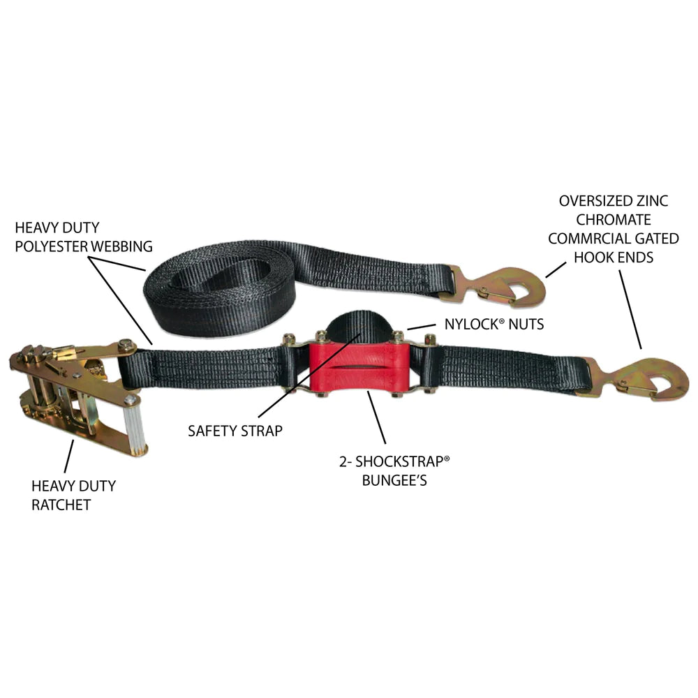 9FT X 2IN SHOCKSTRAP RATCHET STRAP W SNAP HOOKS, PREMIUM MADE IN USA POLYESTER WEBBING, 10,000LB BREAKING STRENGTH, 3,333LB WORKING LOAD LIMIT, COMMERCIAL GRADE