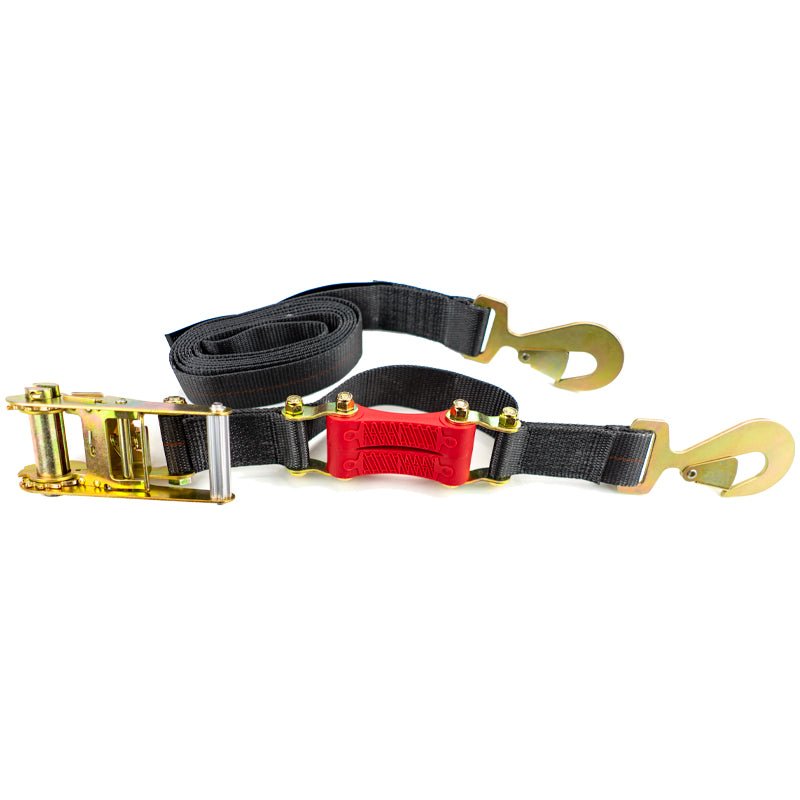 9FT X 2IN SHOCKSTRAP RATCHET STRAP W SNAP HOOKS, PREMIUM MADE IN USA POLYESTER WEBBING, 10,000LB BREAKING STRENGTH, 3,333LB WORKING LOAD LIMIT, COMMERCIAL GRADE