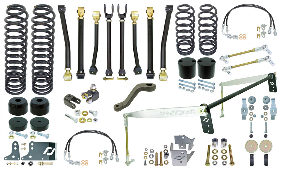 Johnny Joint Suspension System 07-18 Wrangler JK 4 Dr 4 Inch Lift W/Springs Adj. Cntrl Arms F S/B Links R Antirock S/B w/ Alum. Arms F/R Bmp Stp R Coil Sprg Ret. F/R Ext. Brk Ln F/R T/B Reloc. F/R Shk Reloc. Pitman Arm RockJock 4x4